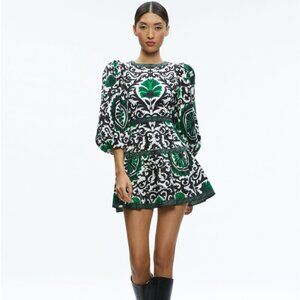 Alice + Olivia Shayla Mini Dress Size 4 NWT Pleated Puff Sleeve Tiered